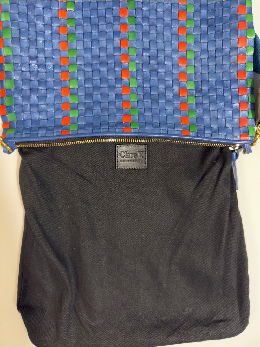 Rare Clare V. Handwoven Leather Messenger Bag Blue Red Green Checkered Stripe - Picture 9 of 15